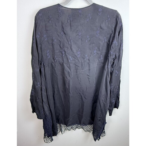 Johnny Was Blouse Top Floral Embroidered Boho Tie Crochet Black Large **READ** - Picture 2 of 6
